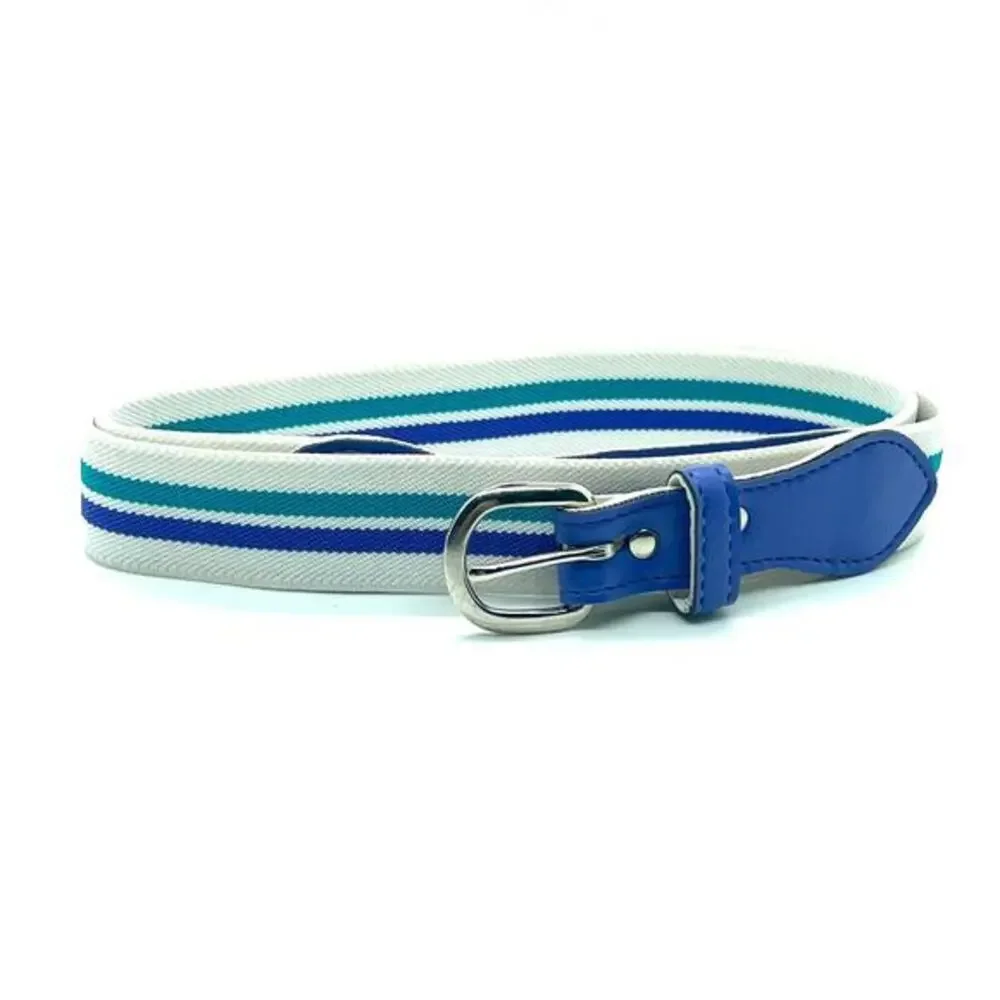 Women’s Size 12 Teal & Purple Striped White Cotton Belt 32” Silver‎ Buckle Y2K